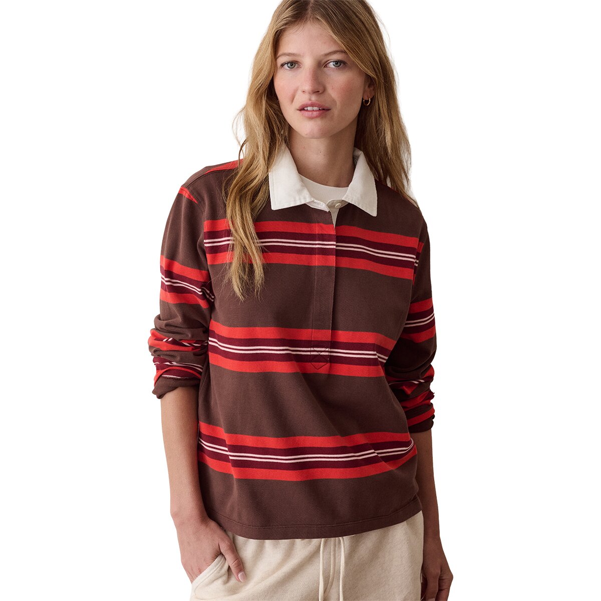 Image of Marine Layer Miracle Jersey Long-Sleeve Polo - Women's Chocolate Stripe, S