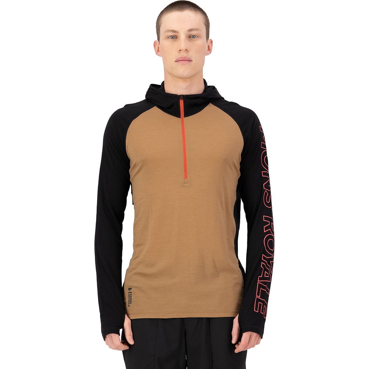 Image of Mons Royale Temple Tech Hooded Zip Top - Men's Black/Toffee, M