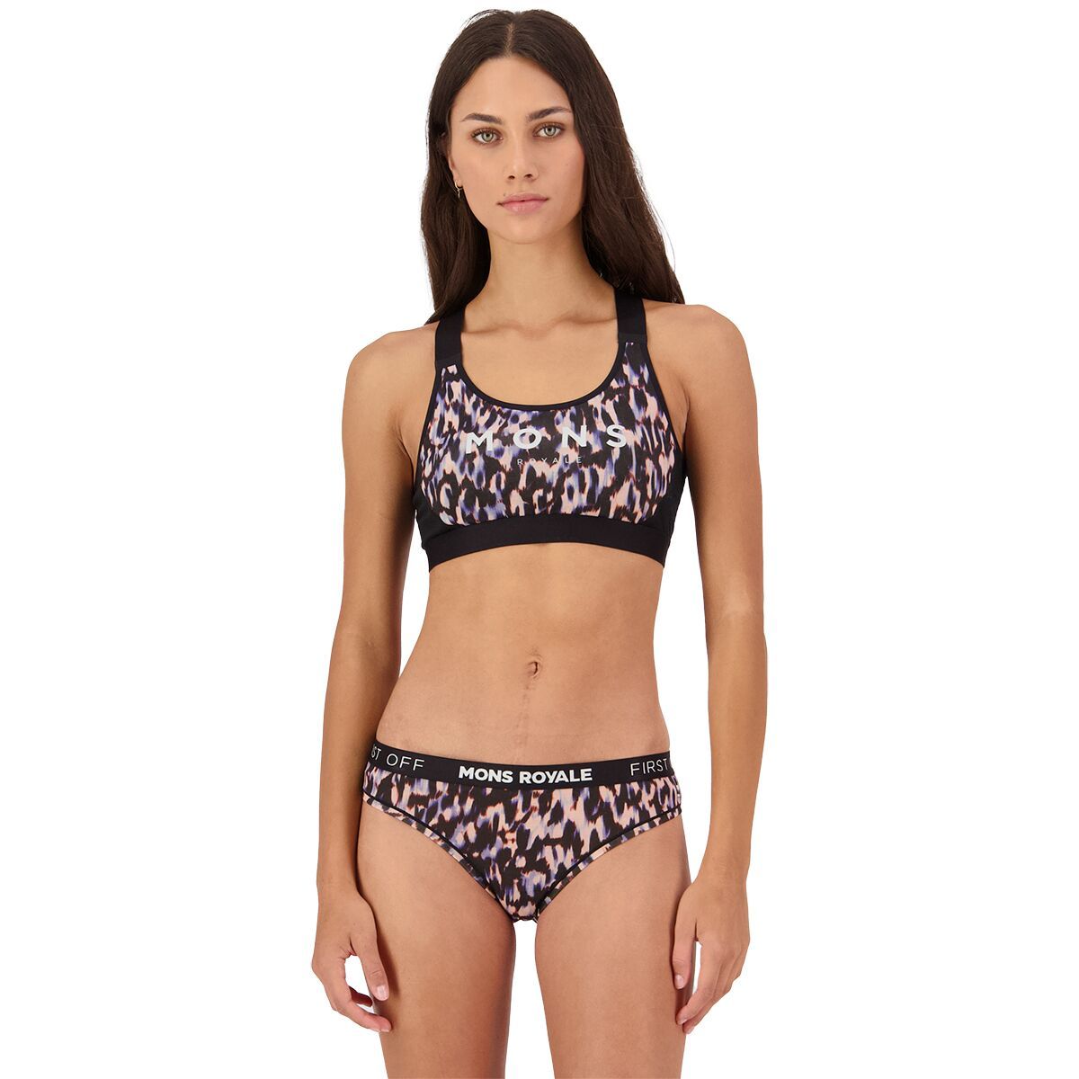 Image of Mons Royale Stella X-Back Sports Bra - Women's Rock Leopard/Black, M