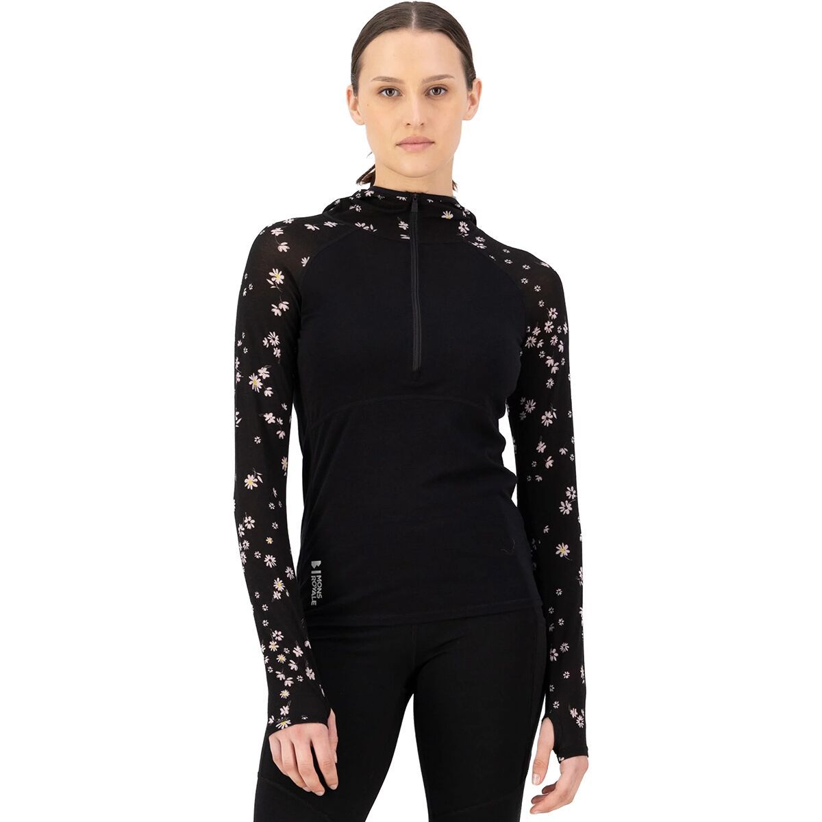Mons Royale Bella Tech Hooded Top - Women's Black Daisy, M