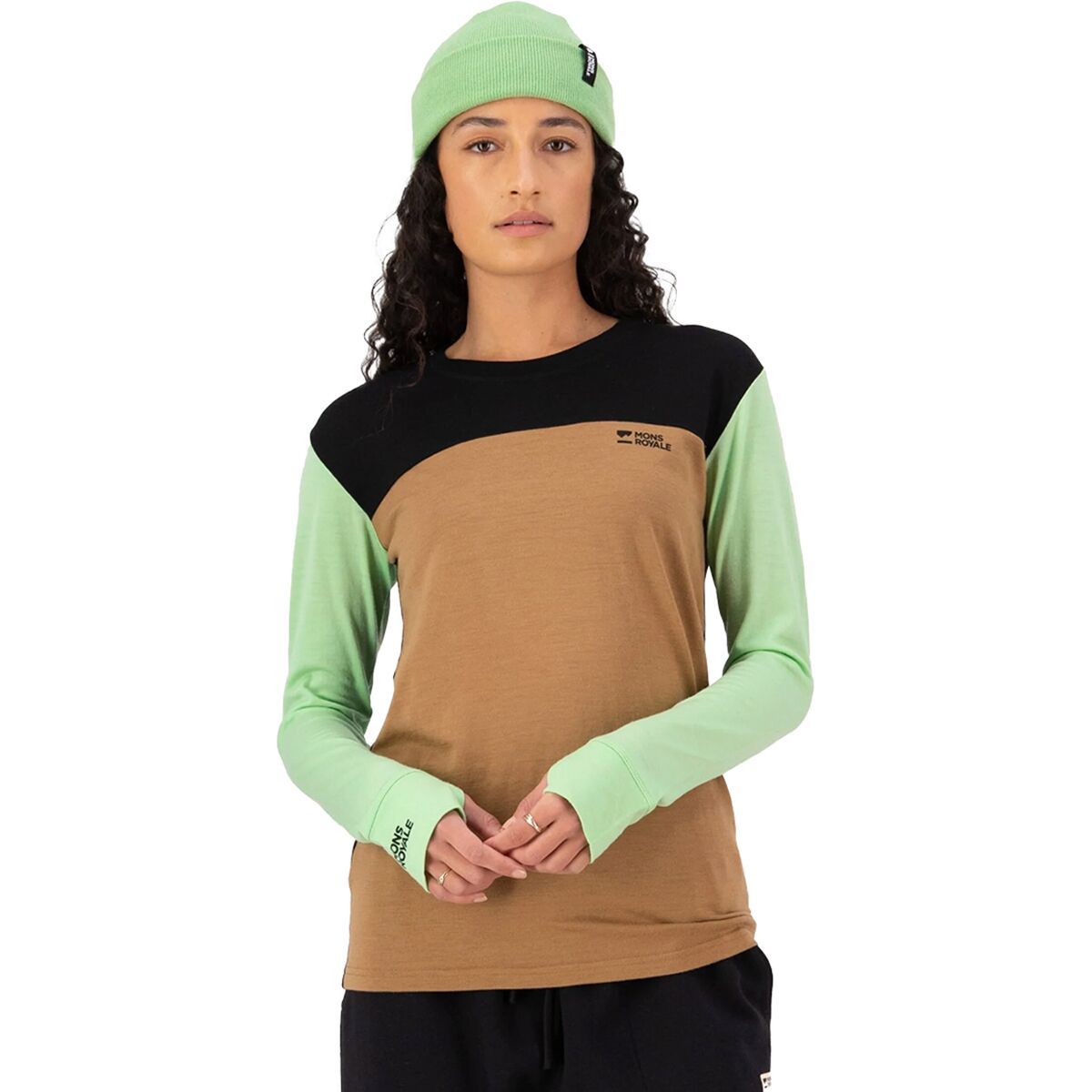 Image of Mons Royale Yotei Long Sleeve Top - Women's Matcha/Toffee/Black, XS