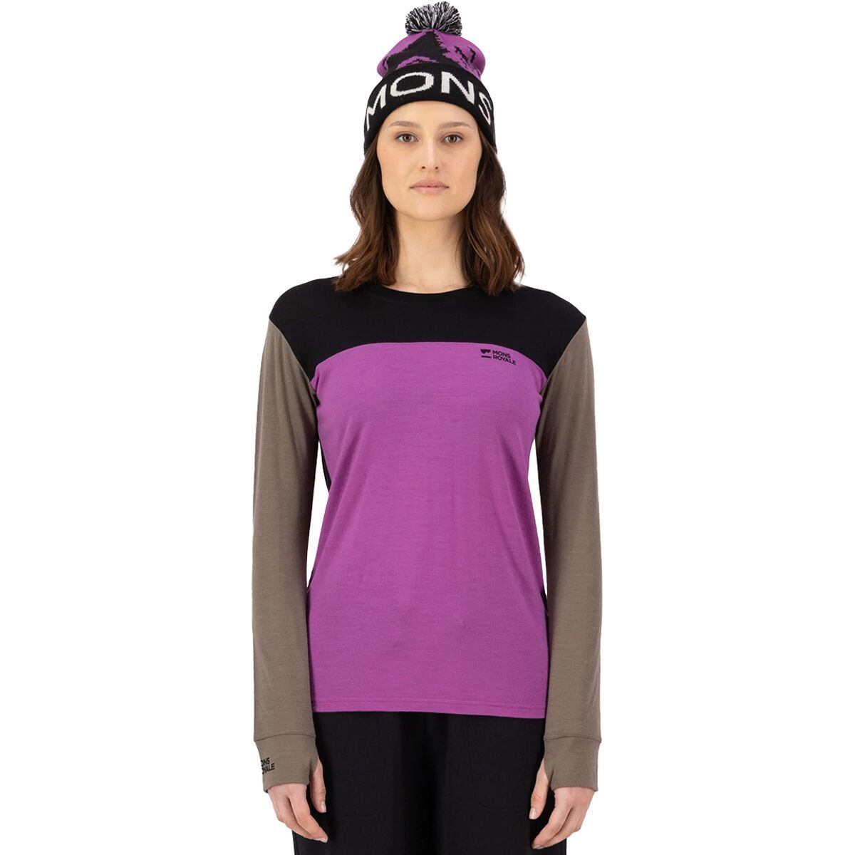 Image of Mons Royale Yotei Long Sleeve Top - Women's Purple Bolt/Walnut/Black, XL