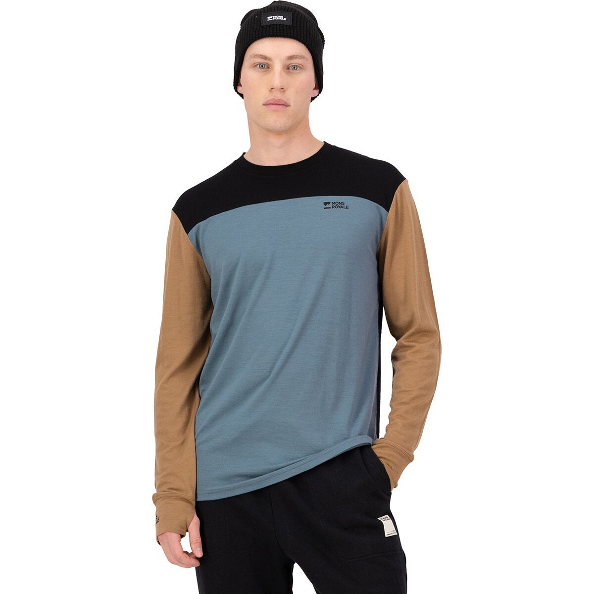 Image of Mons Royale Yotei Tech Long-Sleeve Top - Men's Goblin Blue/Toffee/Black, L