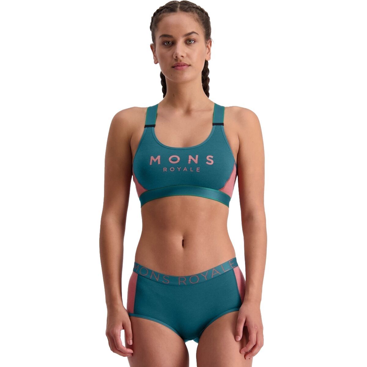 Mons Royale Stella X-Back Sports Bra - Women's Deep Teal/Pink Clay, S