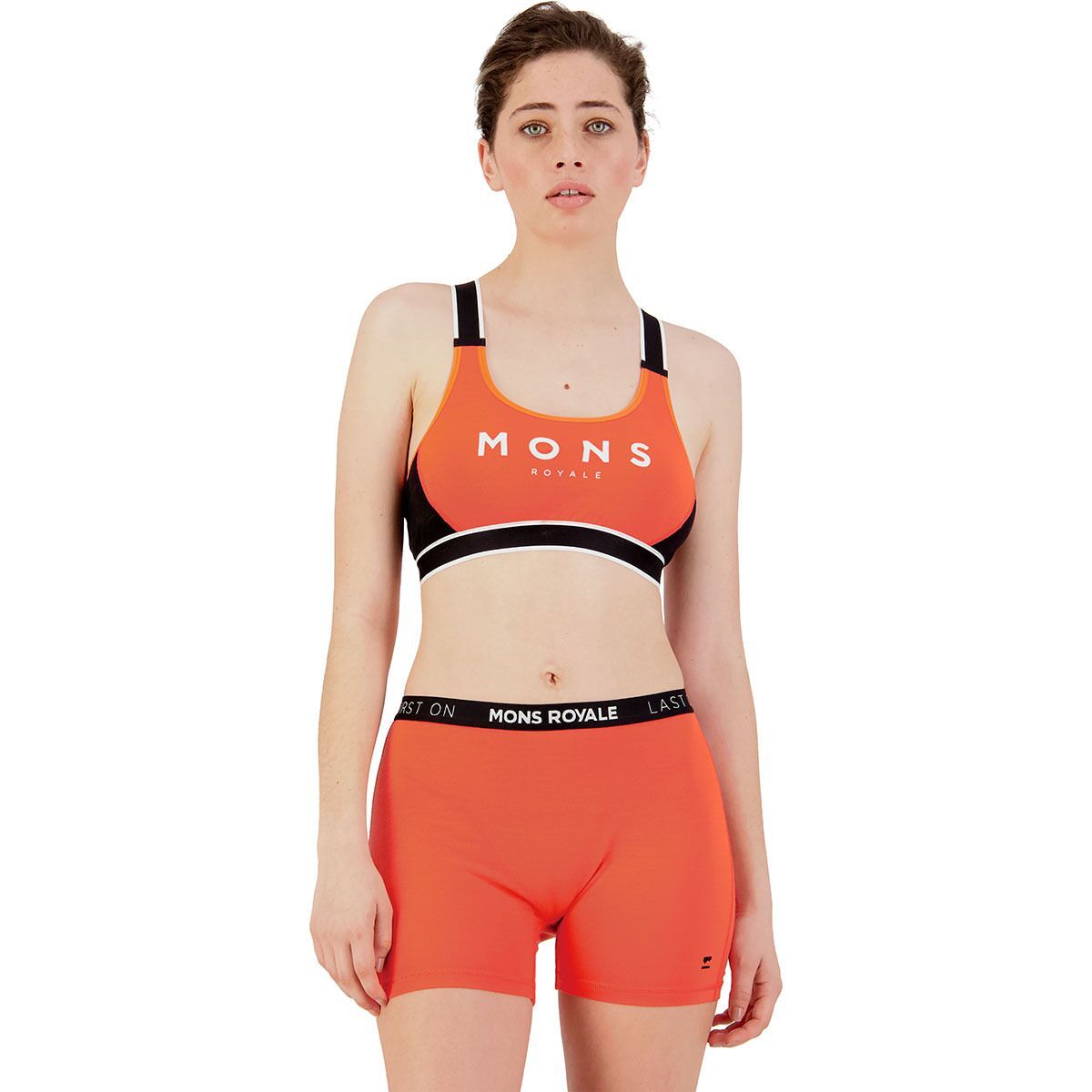 Mons Royale Stella X-Back Sports Bra - Women's Hot Coral/Black, XS