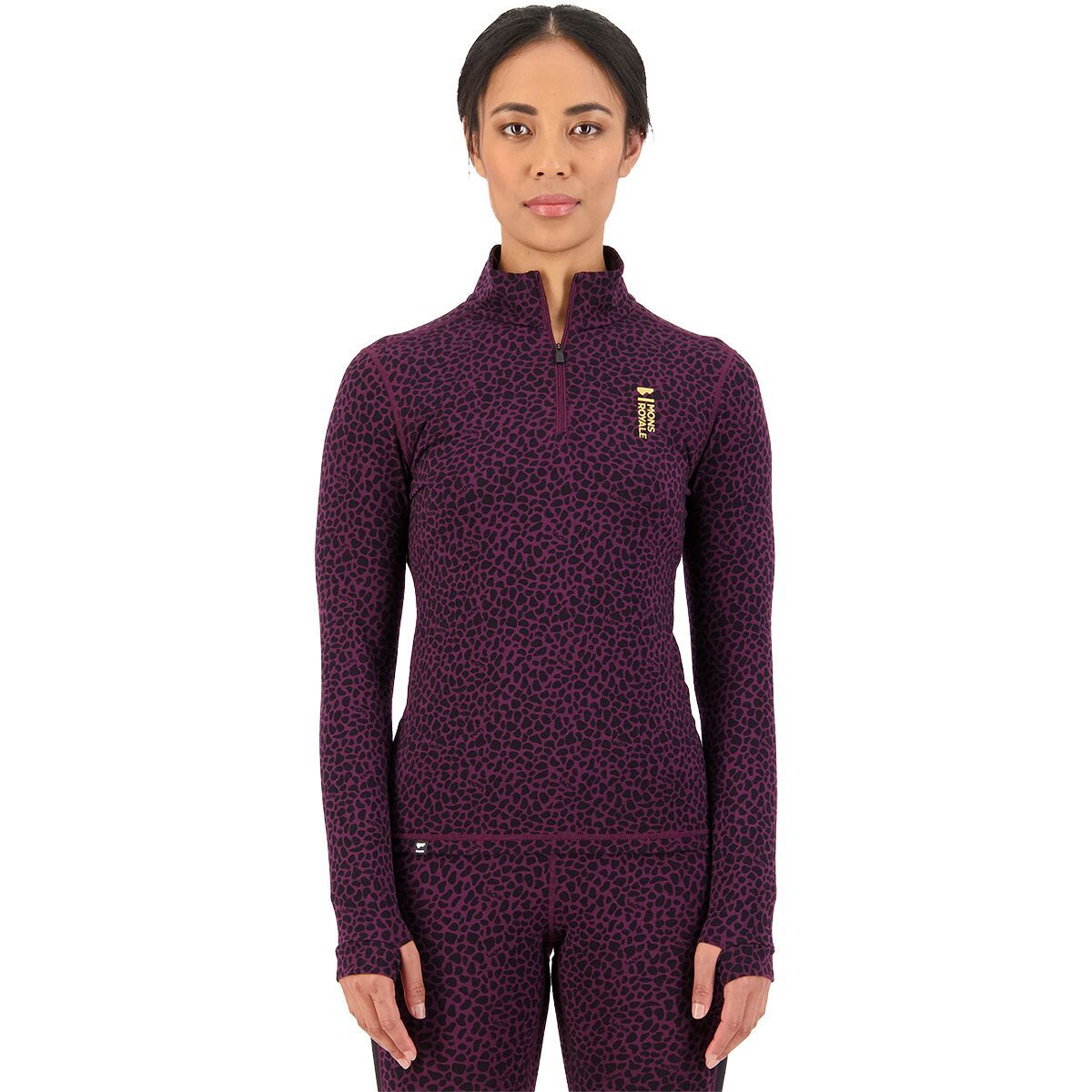 Mons Royale Cascade Merino Flex 200 1/4 Zip Top - Women's Winter Leopard, L