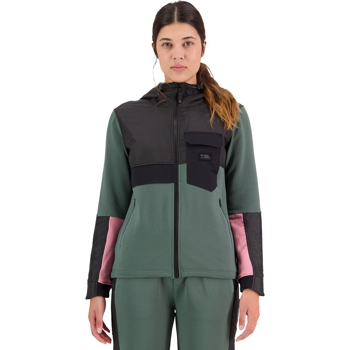 Mons Royale Decade Mid Fleece Hoodie - Women's Burnt Sage/Black, L