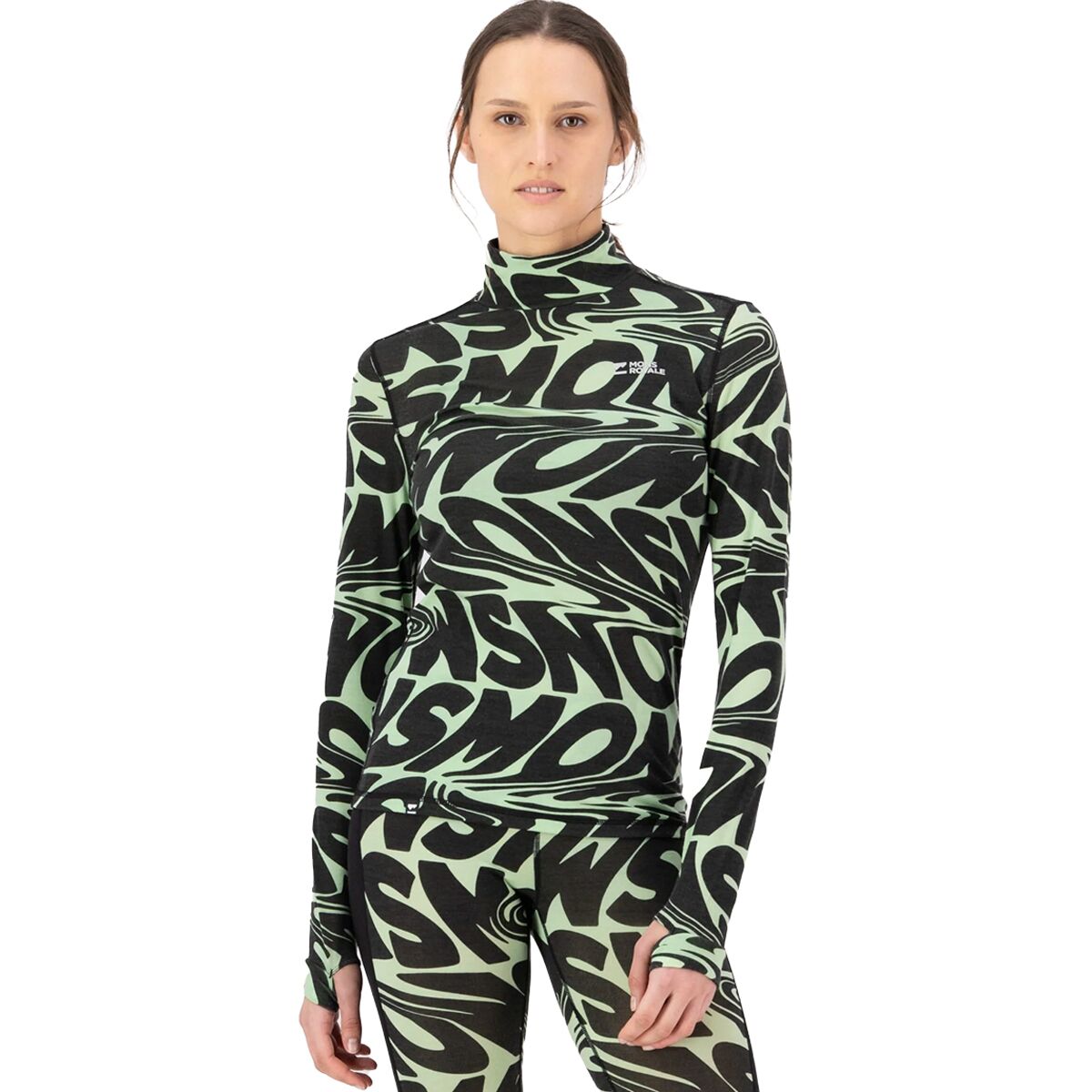 Image of Mons Royale Cascade Merino Flex 200 Mock-Neck Top - Women's Signal Lost Matcha, L