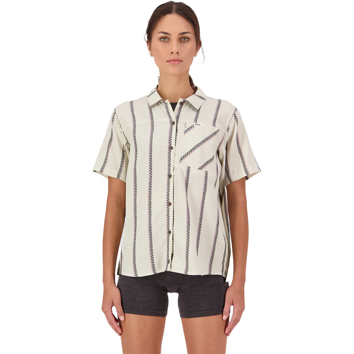 Image of Mons Royale AT Merino Short-Sleeve Shirt - Women's Bone Stripe, L
