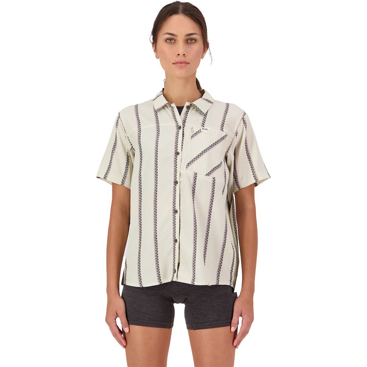 Image of Mons Royale AT Merino Short-Sleeve Shirt - Women's Bone Stripe, XS