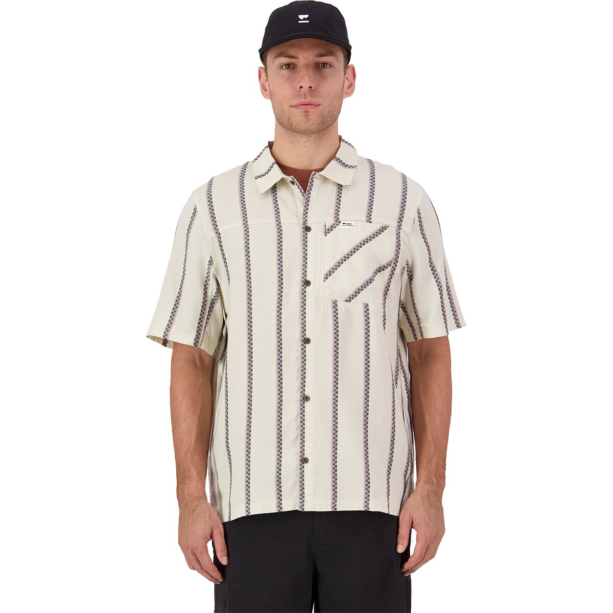 Image of Mons Royale AT Merino Short-Sleeve Shirt - Men's Bone Stripe, M