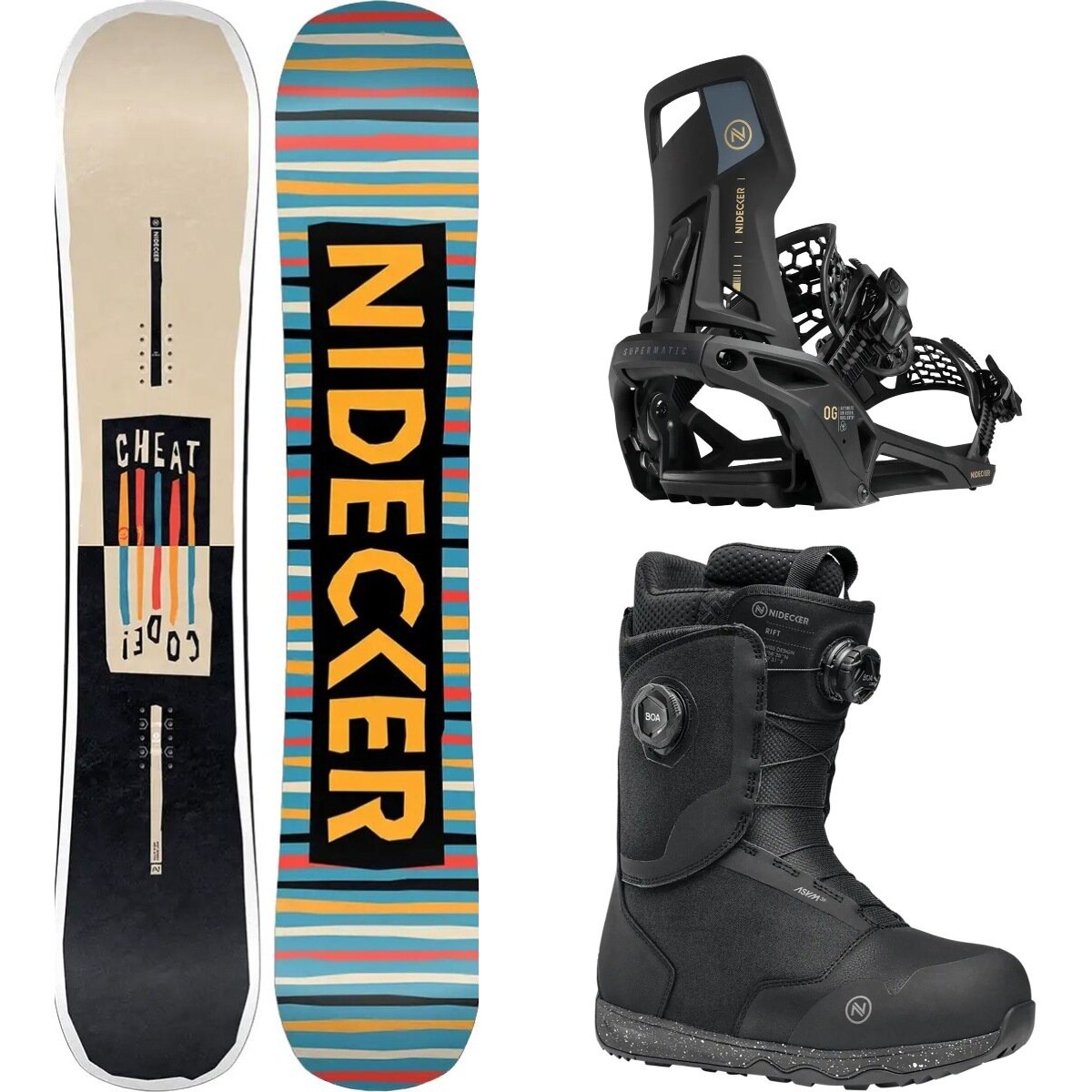 Image of Nidecker Cheat Code Snowboard + OG Supermatic Binding + Rift Boot One Color/Black/Black, 159cm/L/9.5
