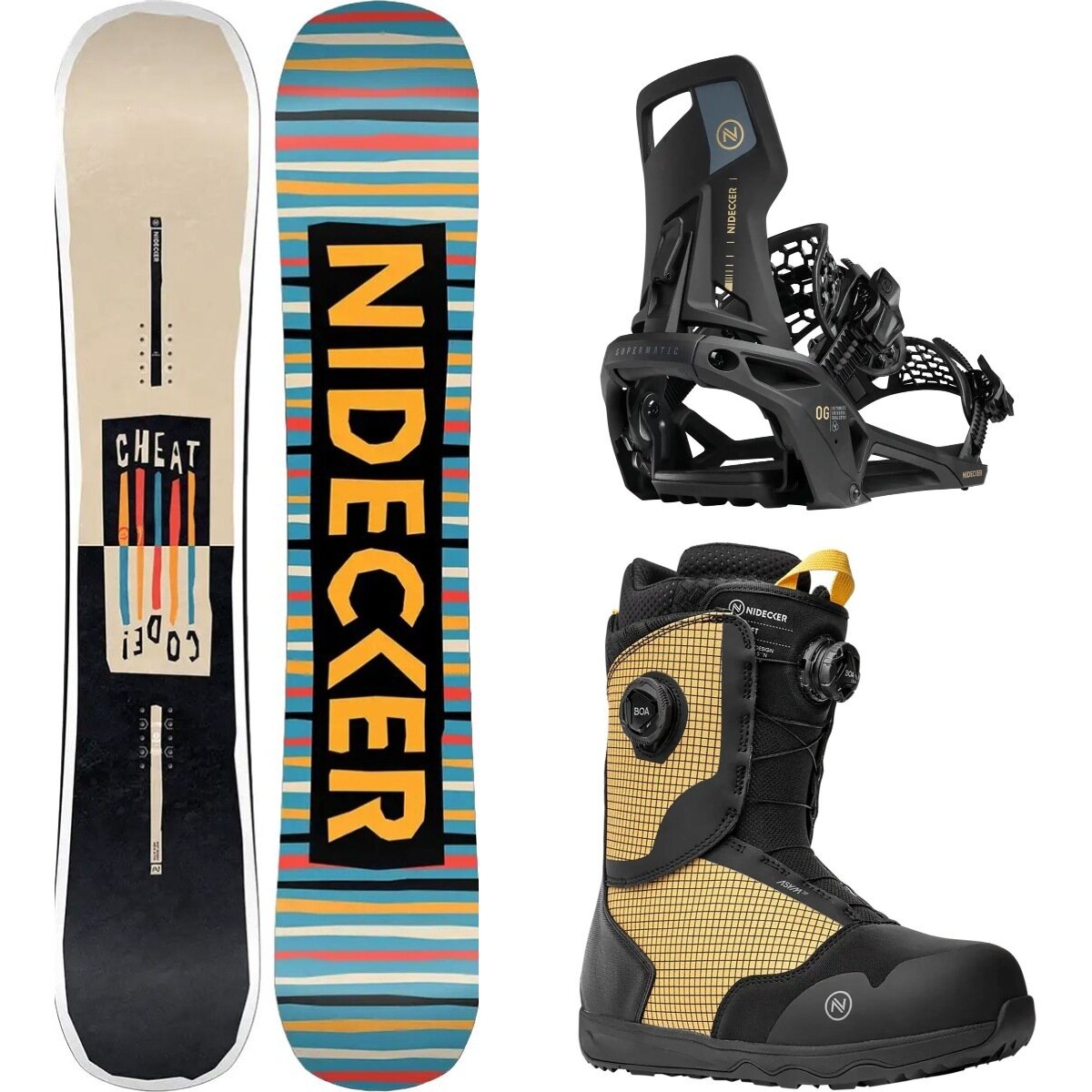 Image of Nidecker Cheat Code Snowboard + OG Supermatic Binding + Rift Boot One Color/Black/Yellow/Black, 159cm Wide/XL/12.0