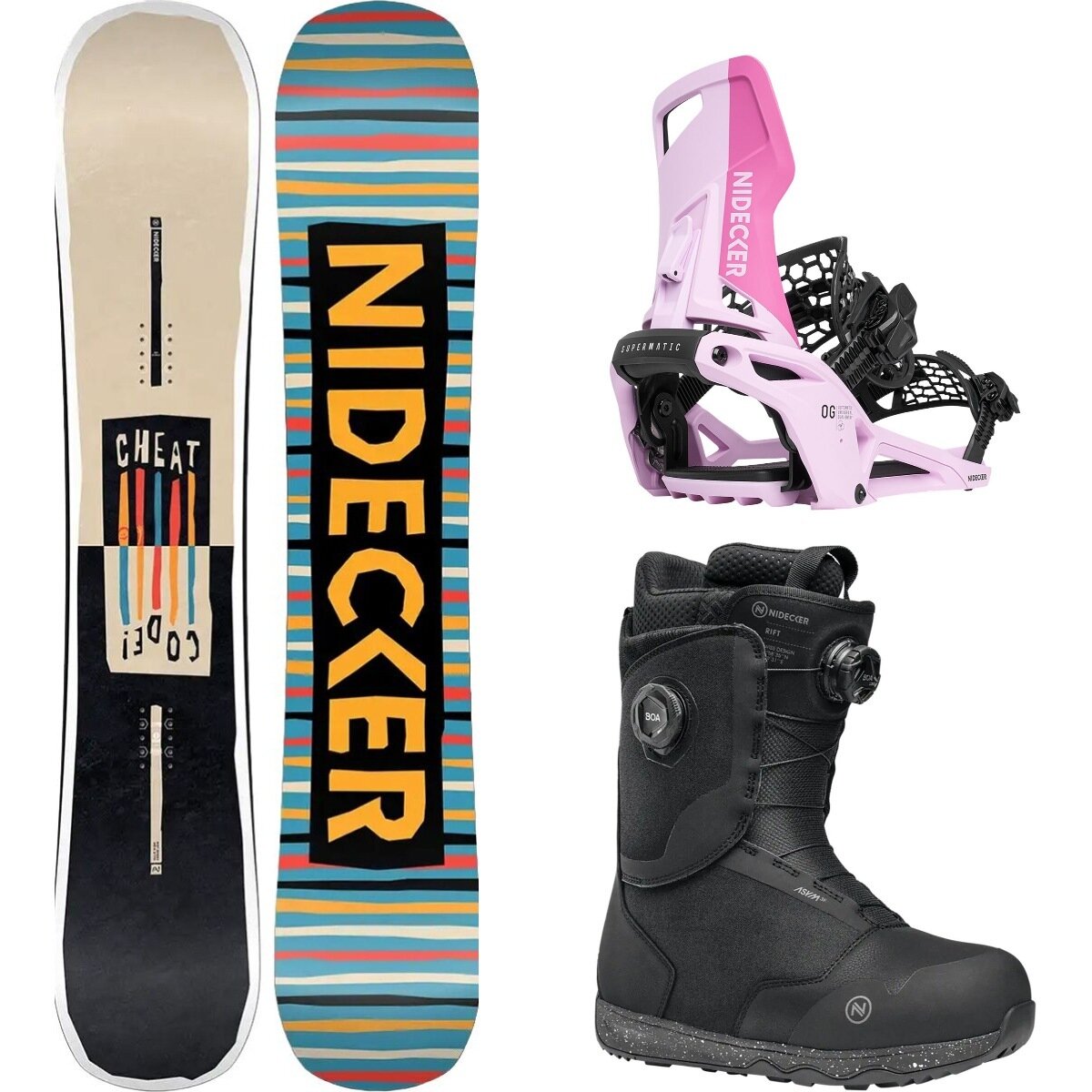Image of Nidecker Cheat Code Snowboard + OG Supermatic Binding + Rift Boot One Color/Milkshake/Black, 159cm/L/9.5