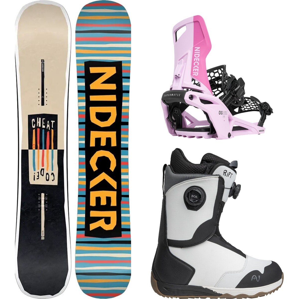 Image of Nidecker Cheat Code Snowboard + OG Supermatic Binding + Rift Boot One Color/Milkshake/Ned, 159cm Wide/M/8.0