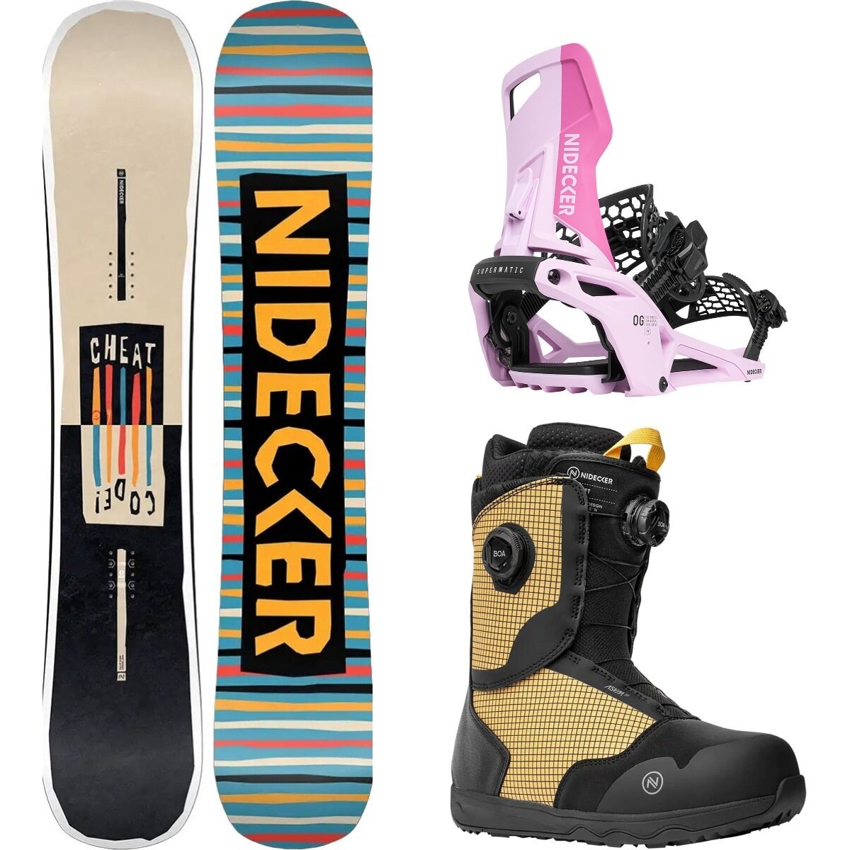 Image of Nidecker Cheat Code Snowboard + OG Supermatic Binding + Rift Boot One Color/Milkshake/Yellow/Black, 159cm Wide/M/7.0