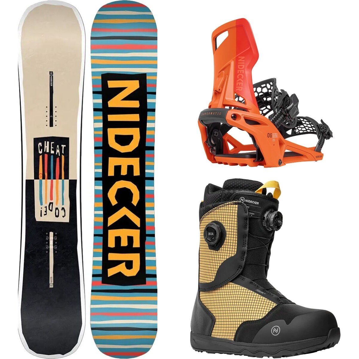 Image of Nidecker Cheat Code Snowboard + OG Supermatic Binding + Rift Boot One Color/Paprika/Yellow/Black, 159cm/XL/11.0