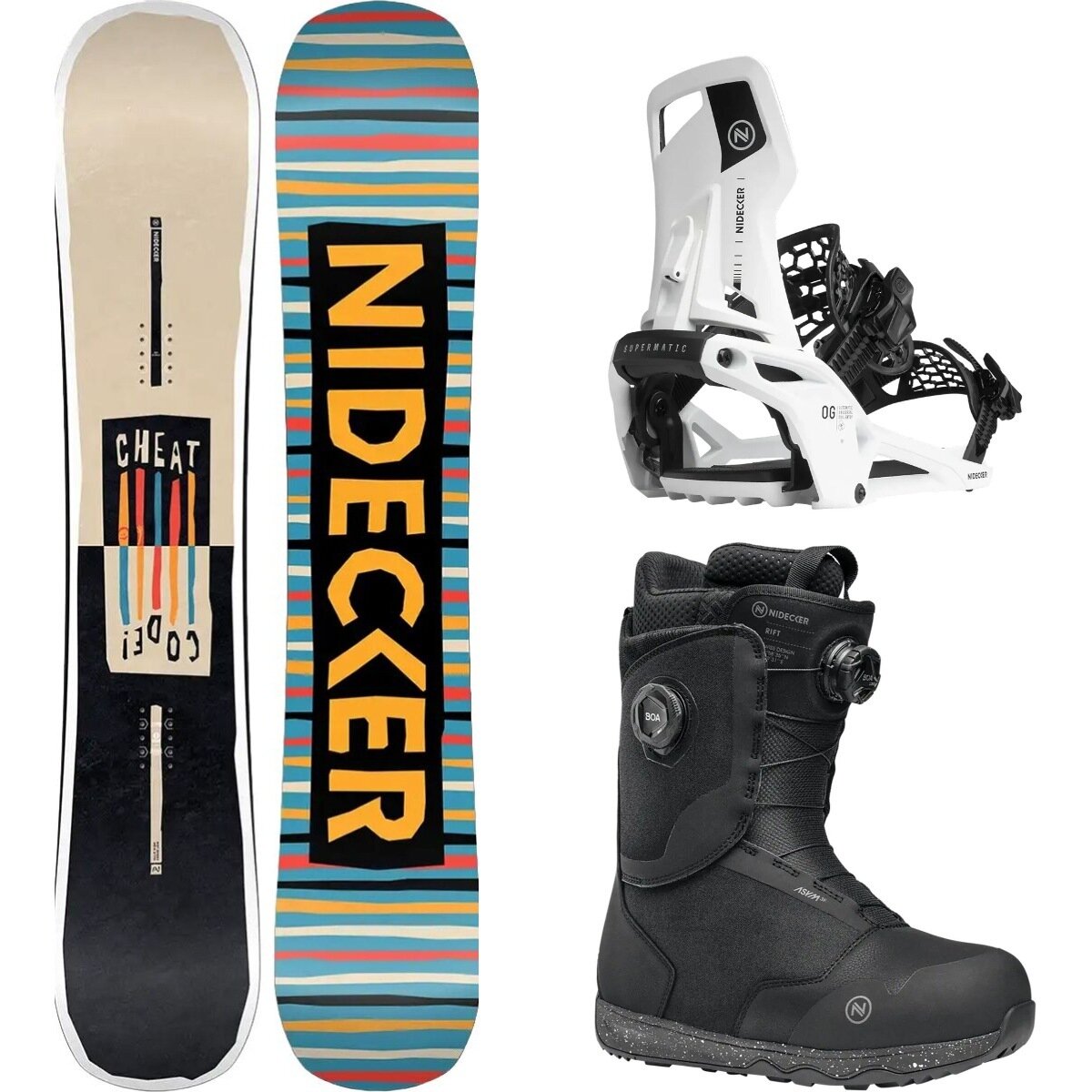 Image of Nidecker Cheat Code Snowboard + OG Supermatic Binding + Rift Boot One Color/White/Black, 153cm/L/9.5