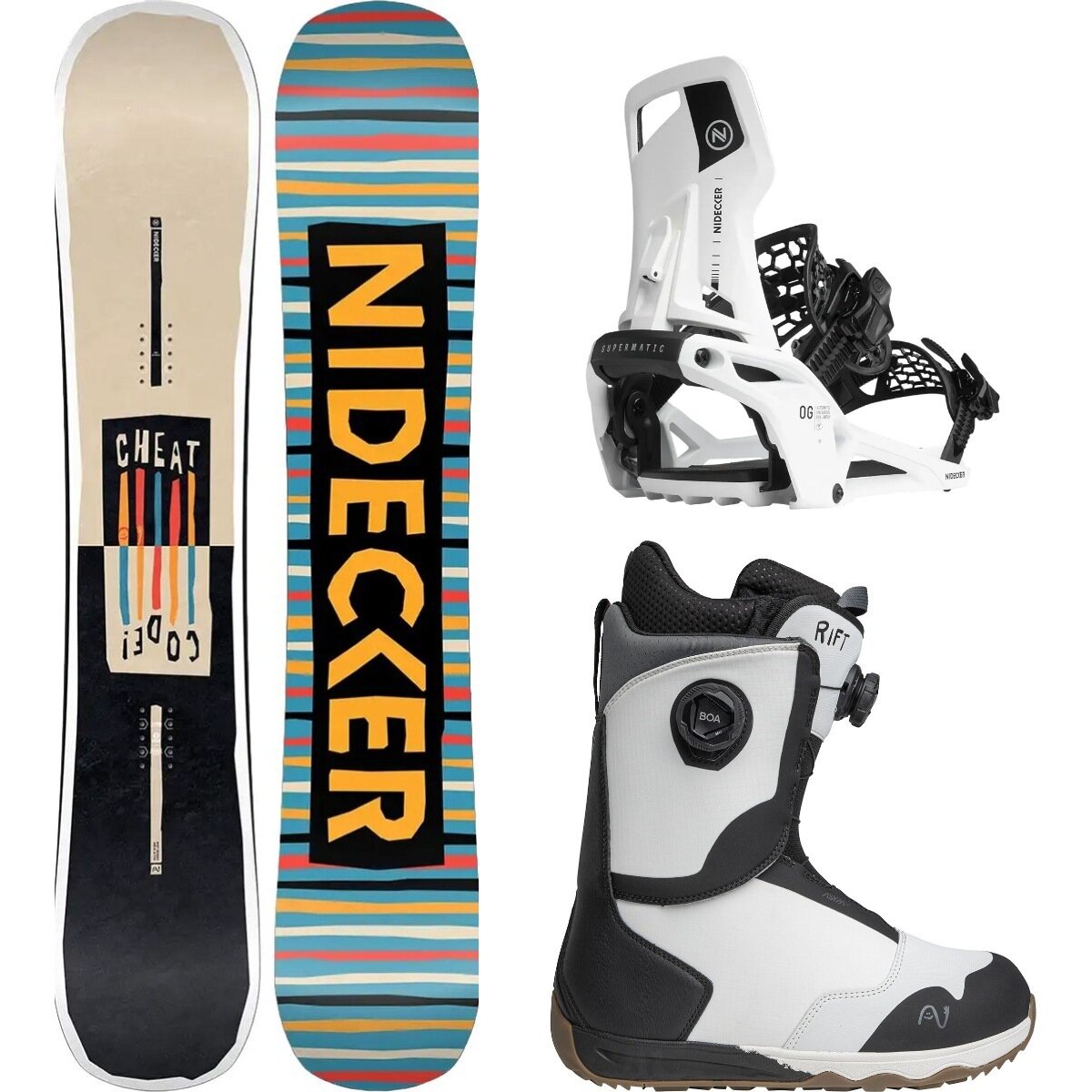 Image of Nidecker Cheat Code Snowboard + OG Supermatic Binding + Rift Boot One Color/White/Ned, 159cm/L/8.5