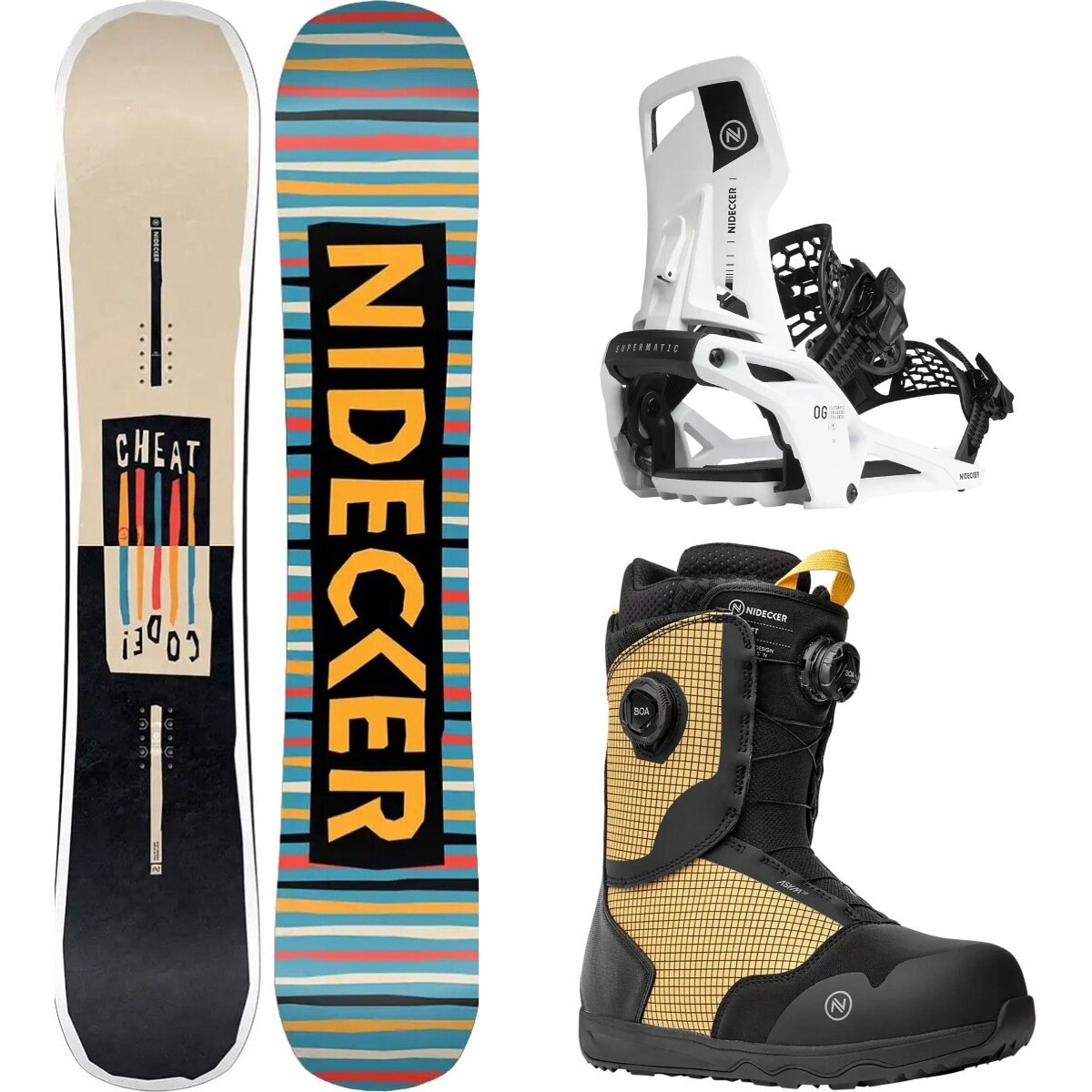 Image of Nidecker Cheat Code Snowboard + OG Supermatic Binding + Rift Boot One Color/White/Yellow/Black, 153cm/L/9.5