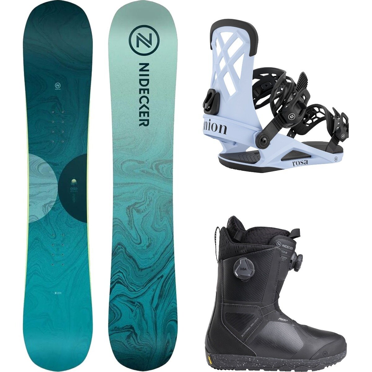 Image of Nidecker Elle Snowboard + Union Rosa Binding + Kita Boot - Women's One Color/Light Blue/Black, 143cm/L/7.5