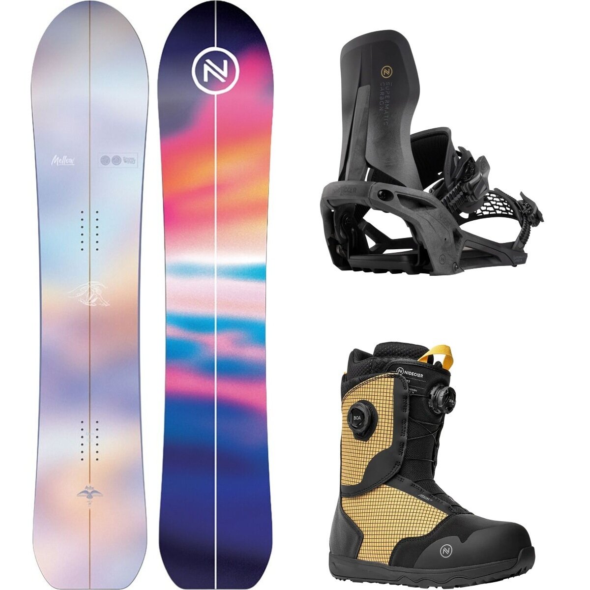 Image of Nidecker Mellow Snowboard + Supermatic-Carbon Step-In Binding + Rift One Color/Black/Yellow/Black, 147cm/M/7.0