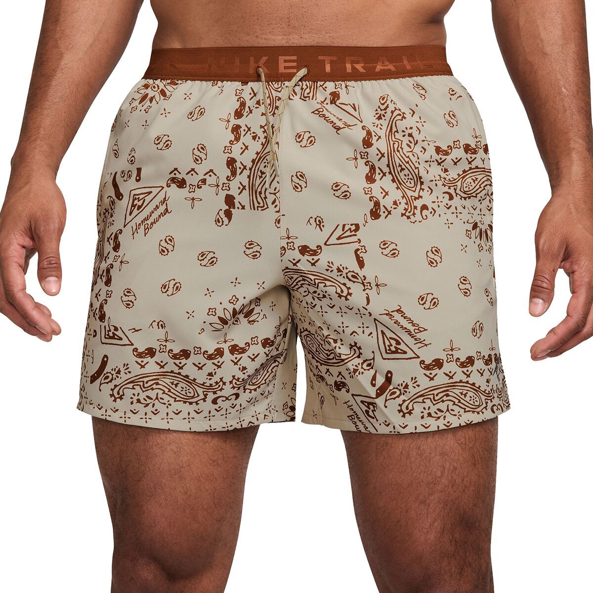 Nike Dri-FIT Trail AOP 6in Brief Short - Men's Desert Khaki/Cinnamon/Black, XL