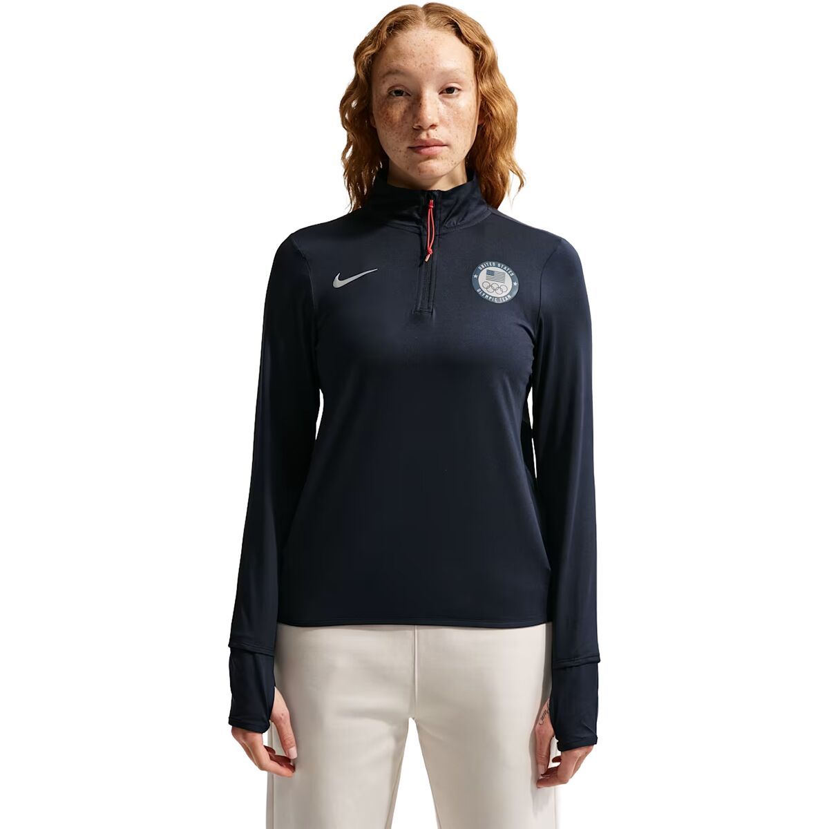 Image of Nike Team USA Swift Element 1/4-Zip Top - Women's Obsidian/Reflective Silv, L