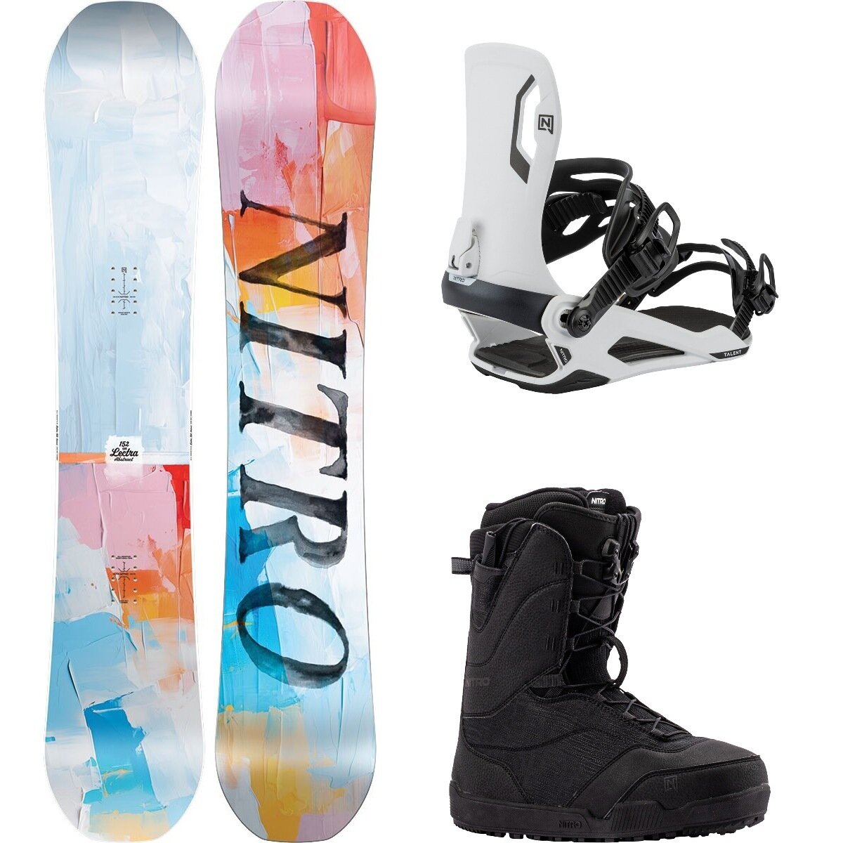 Image of Nitro Lectra Abstract w/ Flora TLS + Talent Snowboard Pkg - Wmn OneCol,White,Black, 146cm,S,8.5