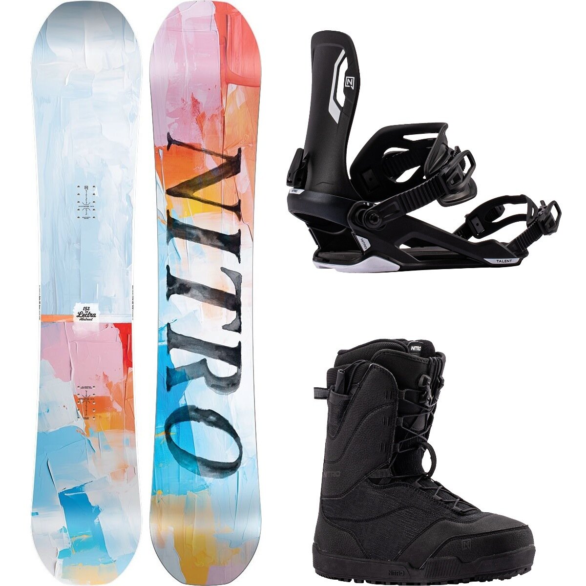 Image of Nitro Lectra Abstract w/ Flora TLS + Talent Snowboard Pkg - Wmn OneCol,Ultra Black,Black, 152cm,M,9