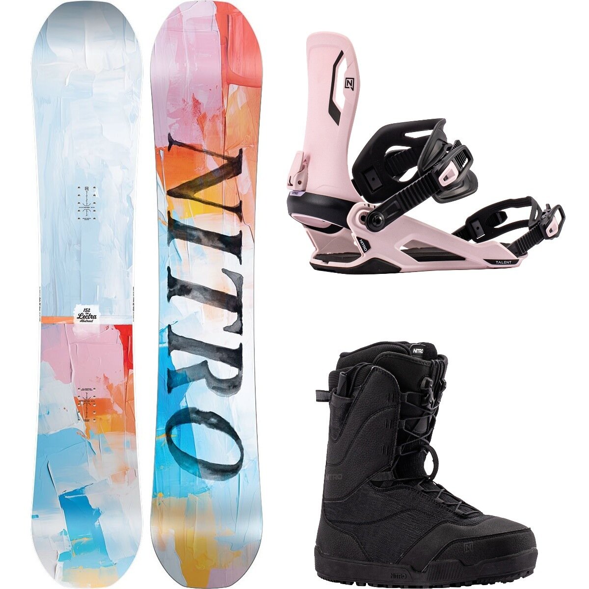Image of Nitro Lectra Abstract w/ Flora TLS + Talent Snowboard Pkg - Wmn OneCol,Bubble Gum,Black, 142cm,S,10