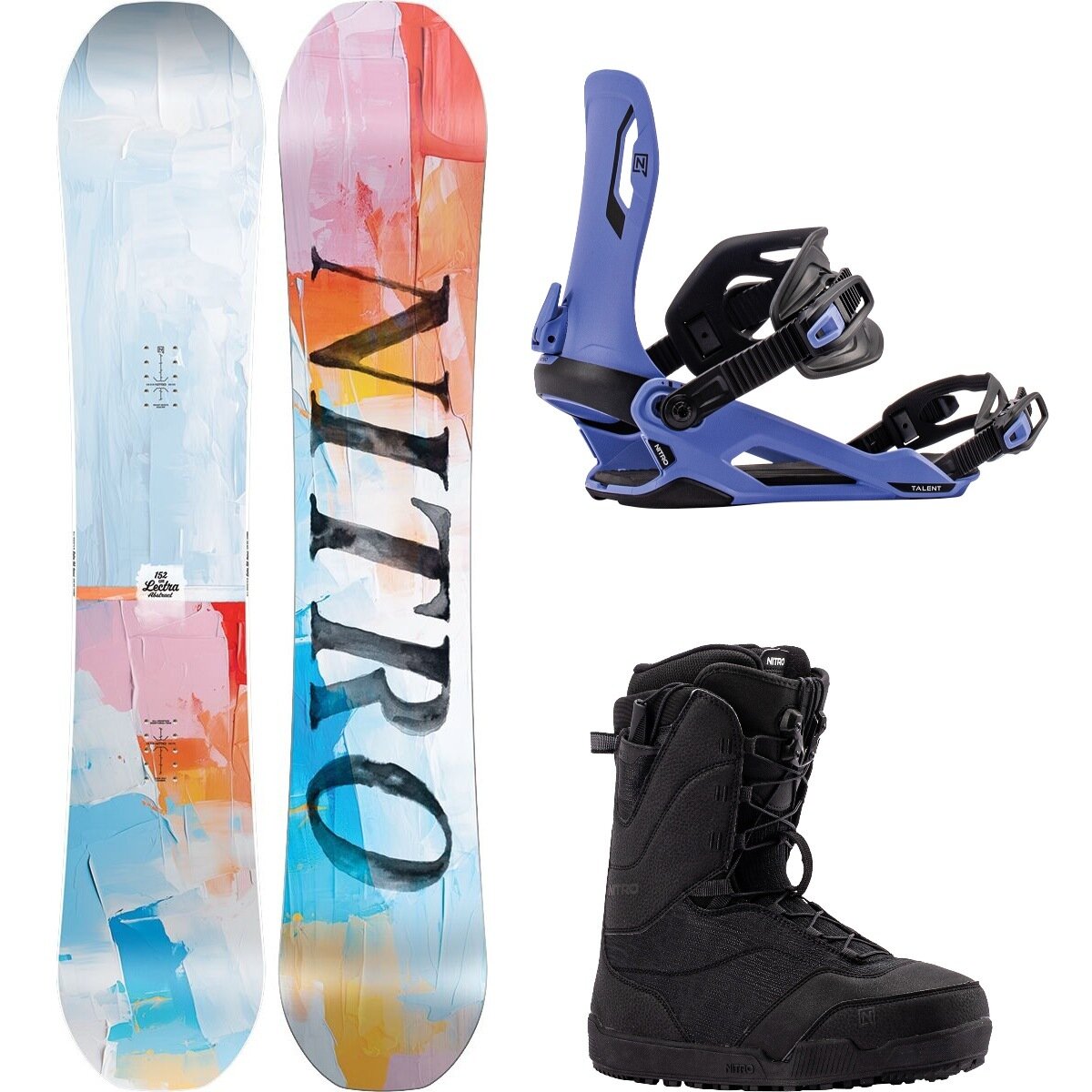 Image of Nitro Lectra Abstract w/ Flora TLS + Talent Snowboard Pkg - Wmn OneCol,Hard Violet,Black, 152cm,S,10