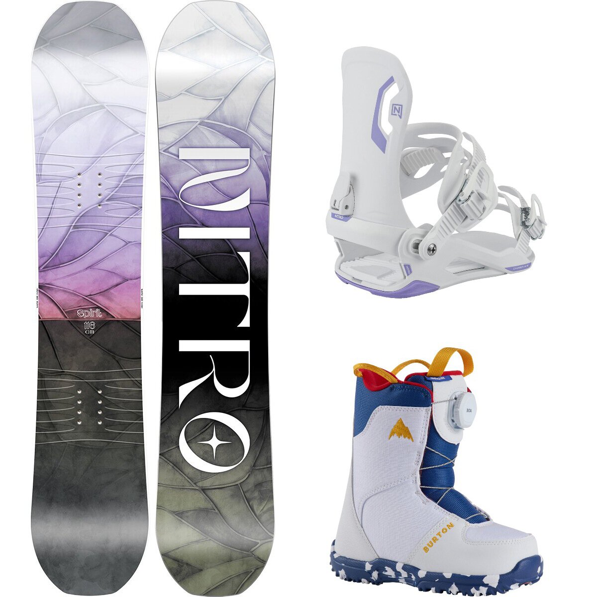 Image of Nitro Spirit w/ Grom BOA + Charger Mini Snowboard Package OneCol,White,White, 126cm,S,13