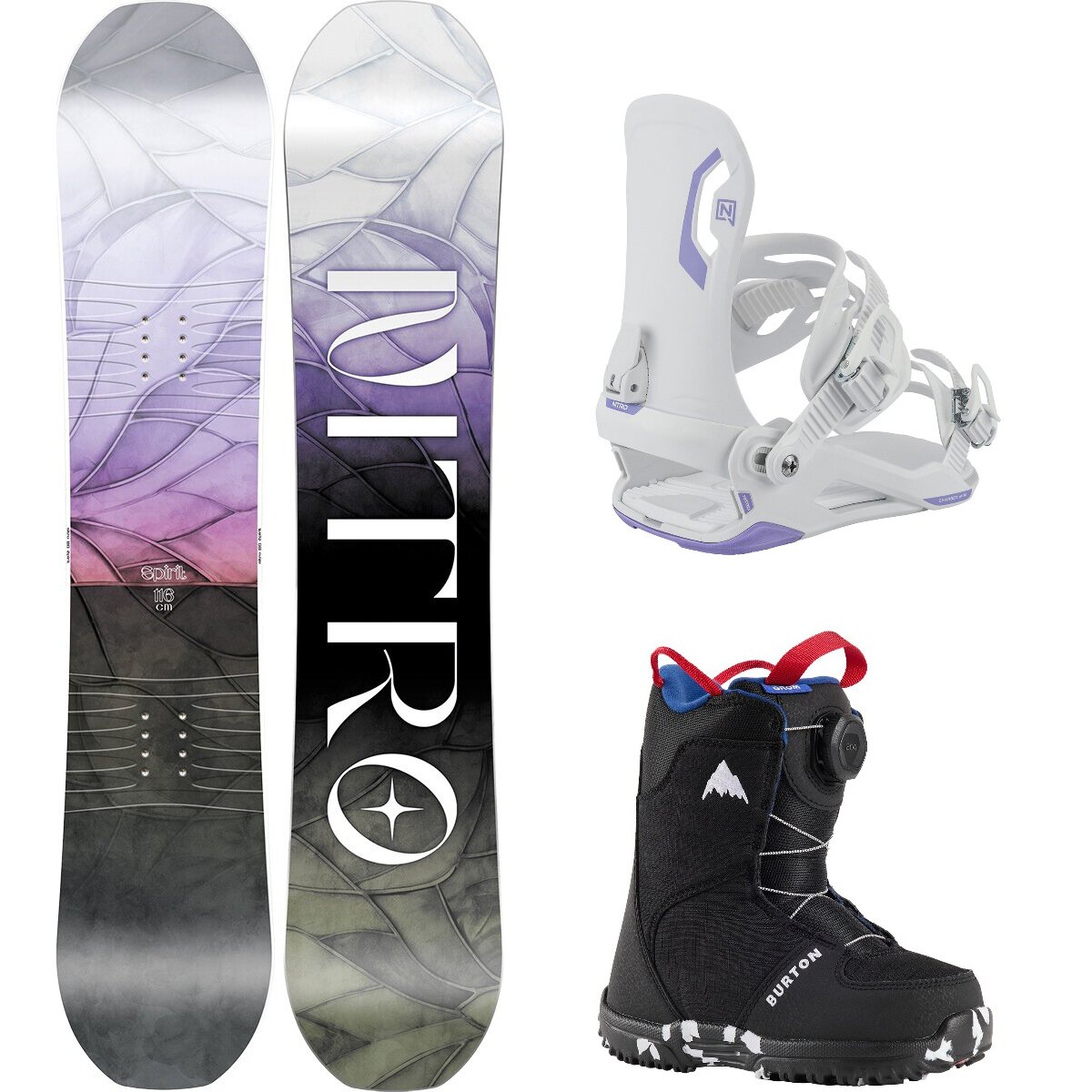 Image of Nitro Spirit w/ Grom BOA + Charger Mini Snowboard Package OneCol,White,Black, 116cm,S,11