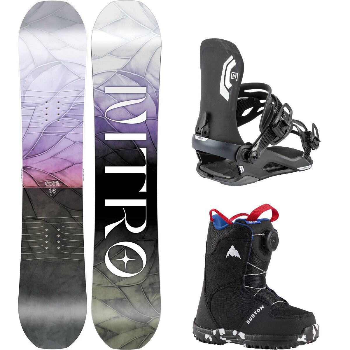 Image of Nitro Spirit w/ Grom BOA + Charger Mini Snowboard Package OneCol,Ultra Black,Black, 126cm,S,12