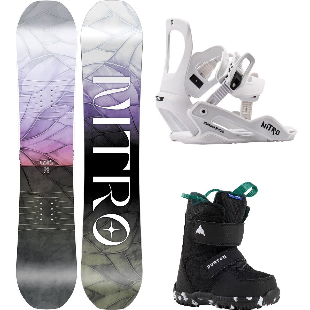 Image of Nitro Spirit w/ Mini Grom + Charger Micro Snowboard Package OneCol,White,Black, 106cm,XS,13