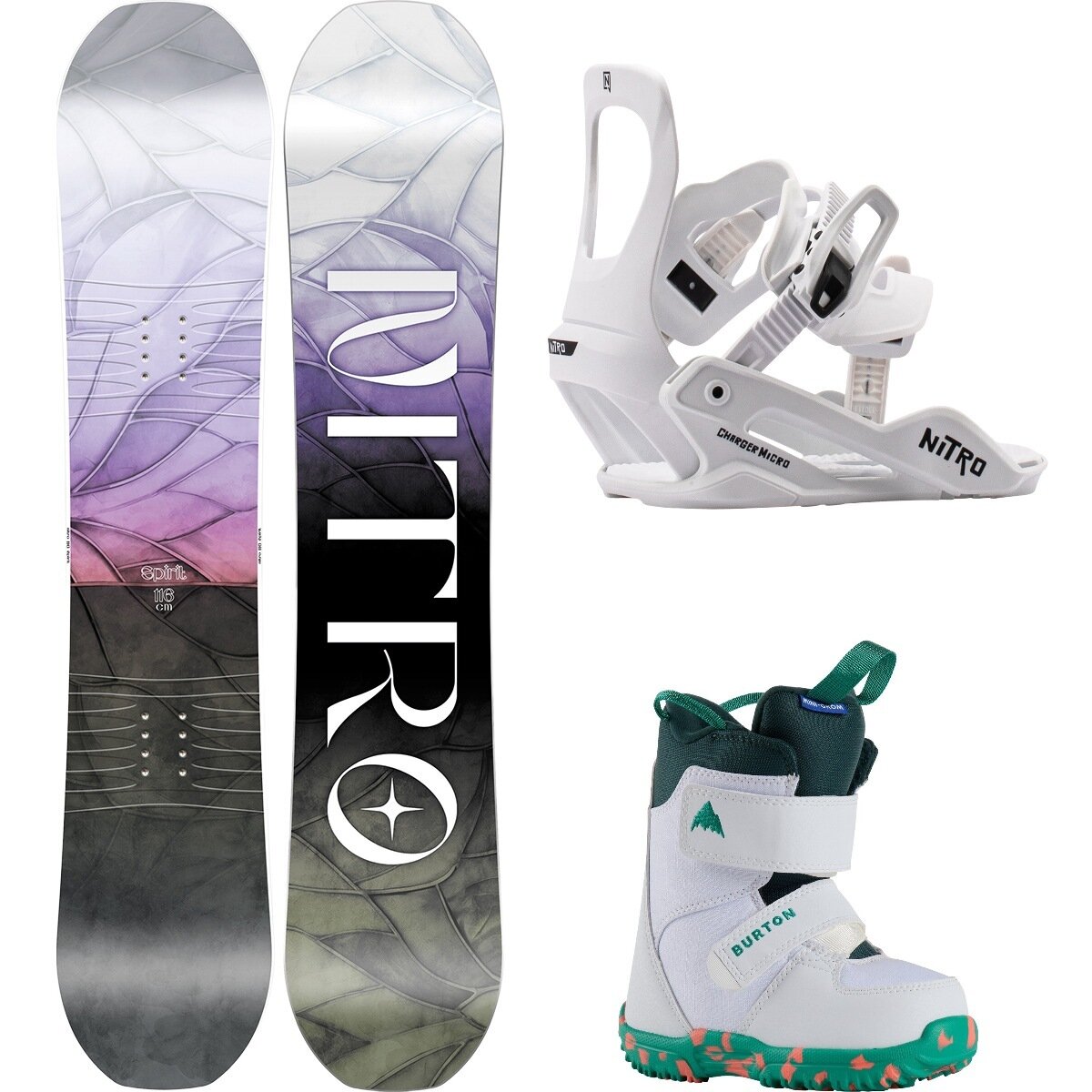 Image of Nitro Spirit w/ Mini Grom + Charger Micro Snowboard Package OneCol,White,White, 96cm,XS,12