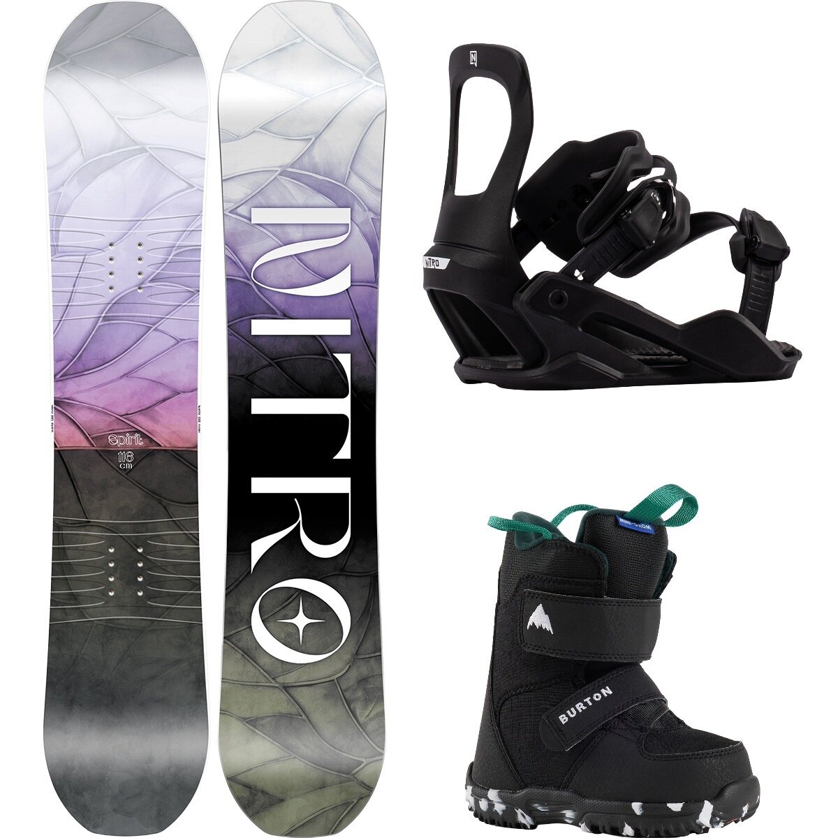 Image of Nitro Spirit w/ Mini Grom + Charger Micro Snowboard Package OneCol,Ultra Black,Black, 96cm,XS,11