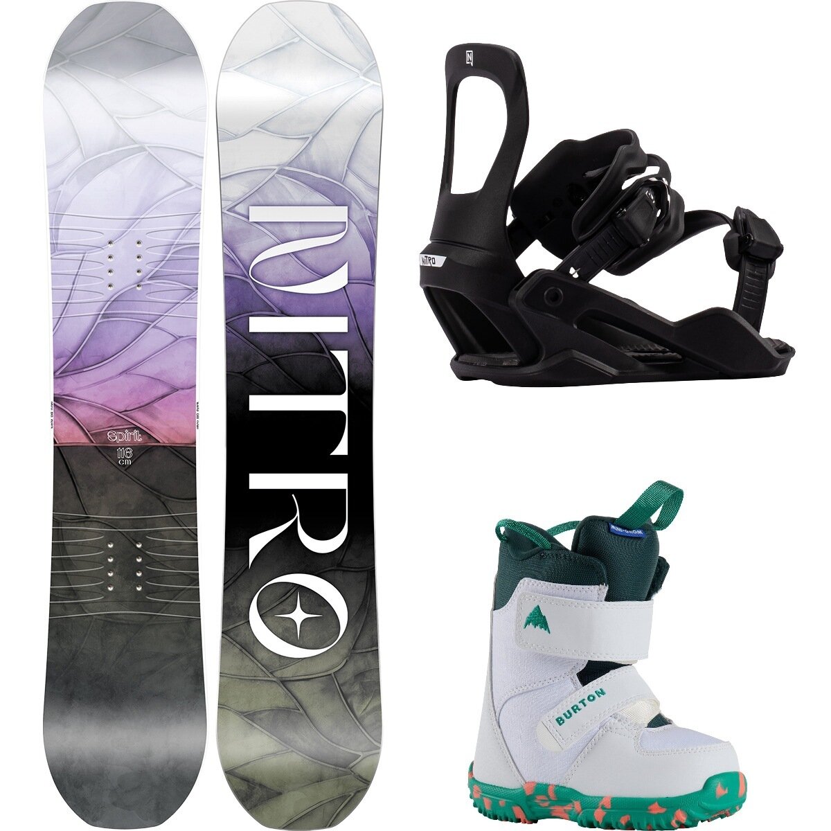 Image of Nitro Spirit w/ Mini Grom + Charger Micro Snowboard Package OneCol,Ultra Black,White, 86cm,XS,11