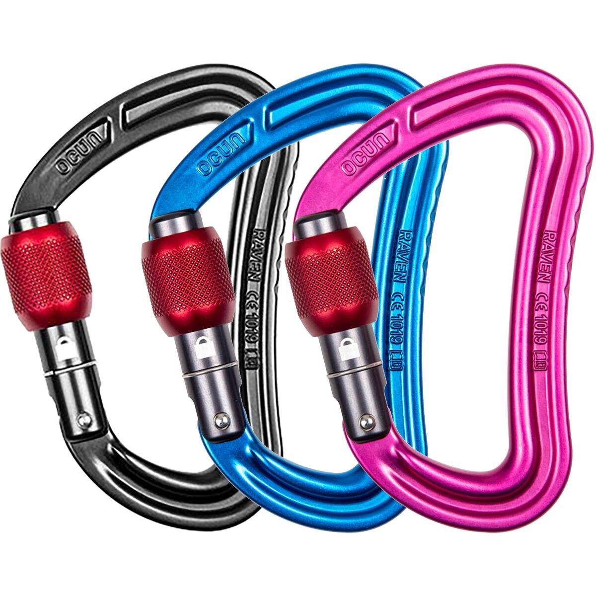 Image of Ocun Raven Screw Carabiner - 3-Pack Red/Blue/Green, One Size