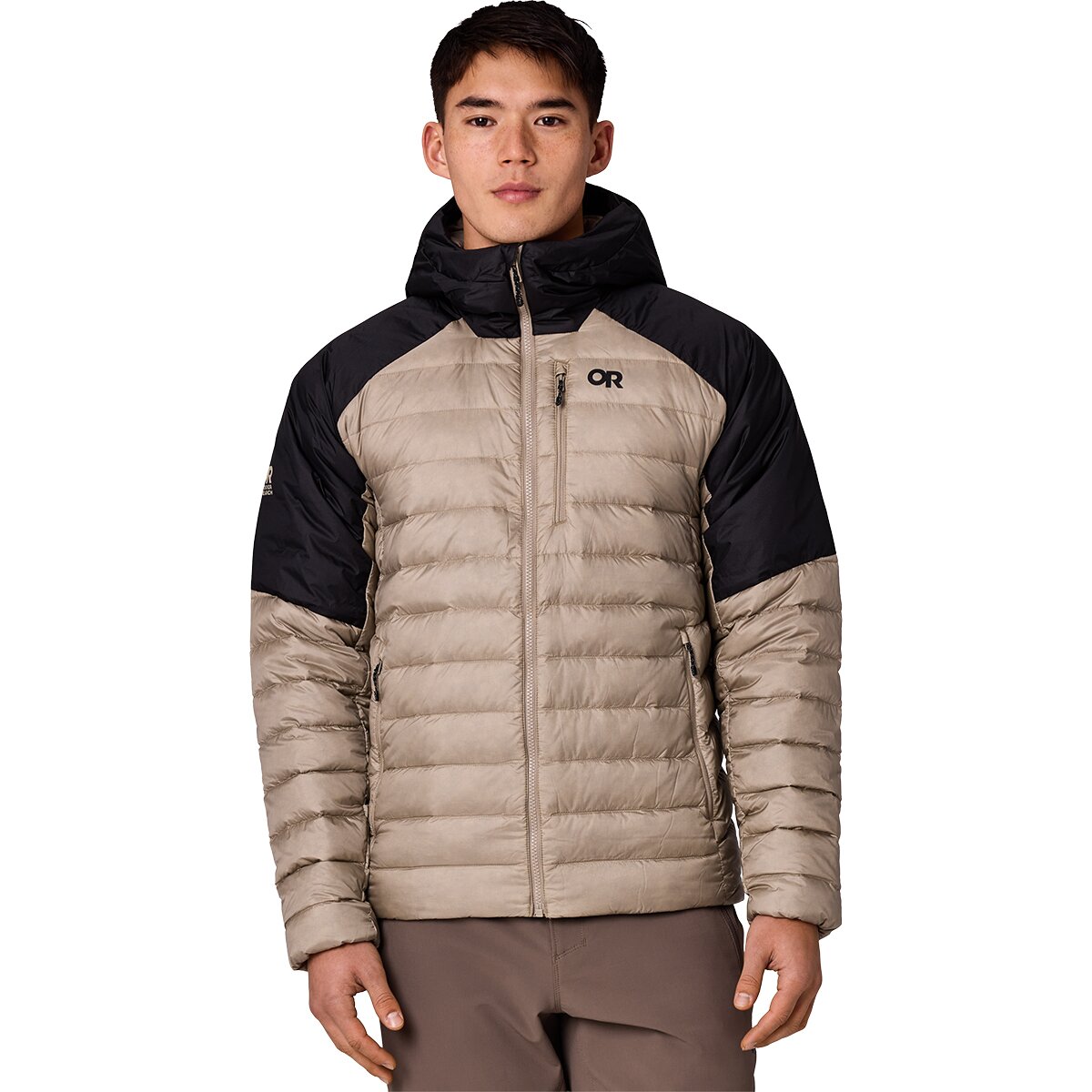 Image of Outdoor Research Helium Down Hooded Jacket - Men's Pro Khaki/Black, XL