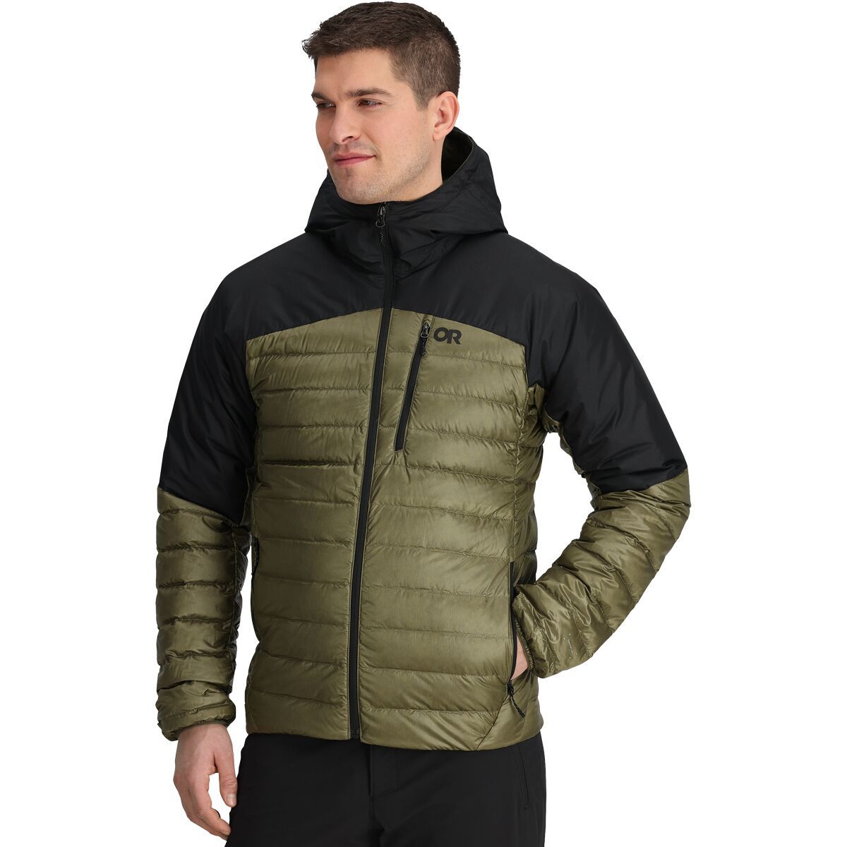 Image of Outdoor Research Helium Down Hooded Jacket - Men's Ranger Green/Black, M