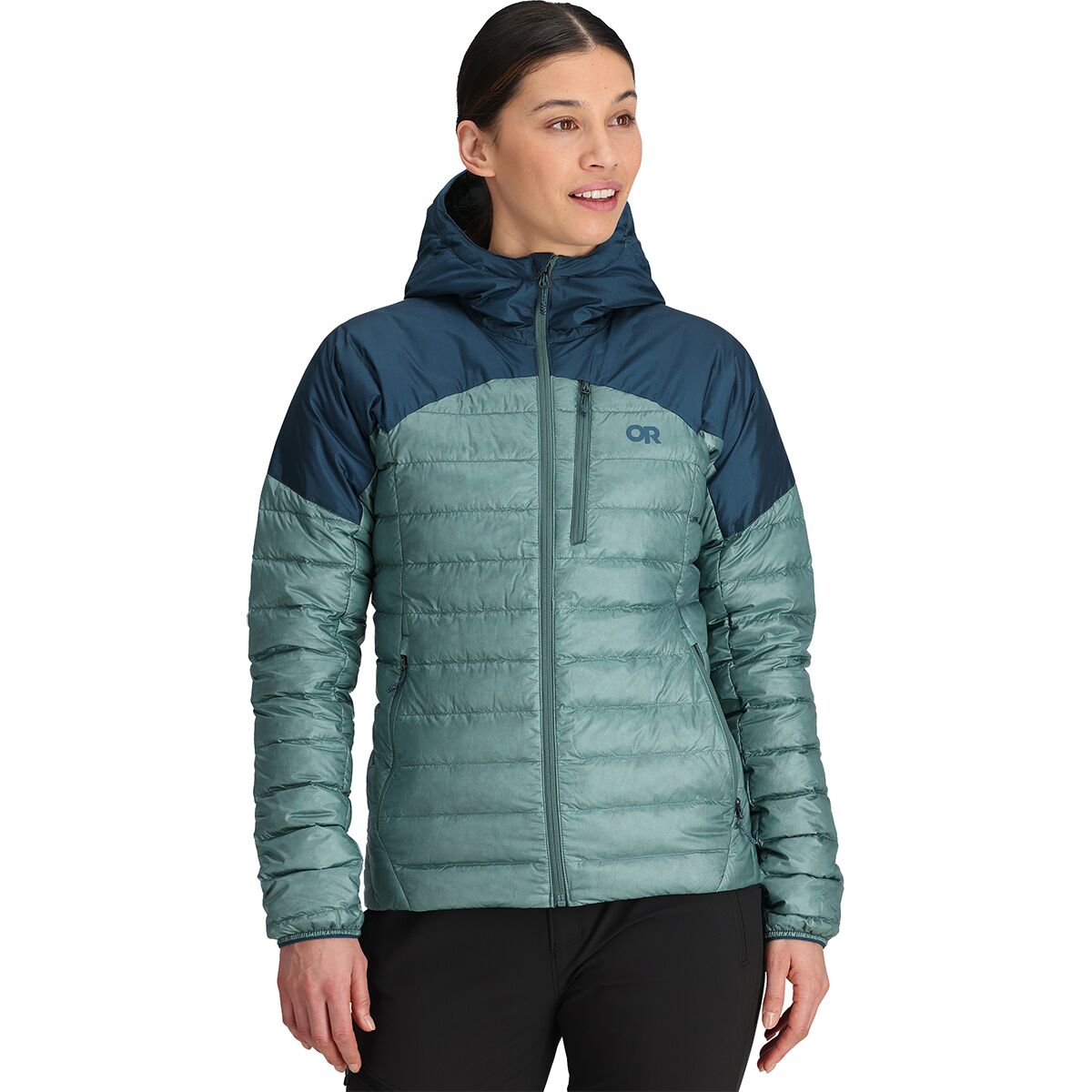 Image of Outdoor Research Helium Down Hooded Jacket - Women's Neptune/Harbor, M