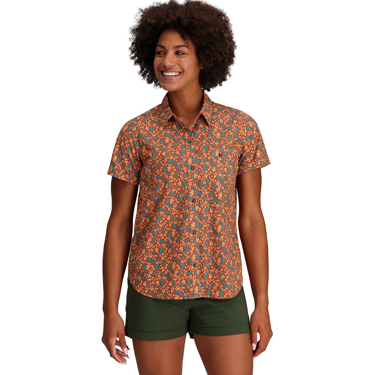 Outdoor Research Rooftop Short Sleeve Shirt - Women's Orange Fizz Woodblock, M