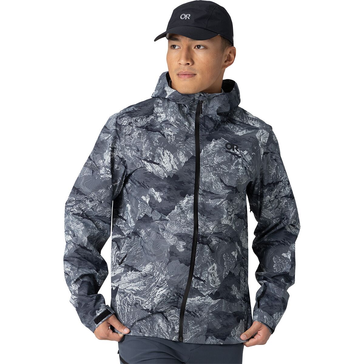 Image of Outdoor Research Stratoburst Stretch Rain Jacket - Men's Black Baker Print, S