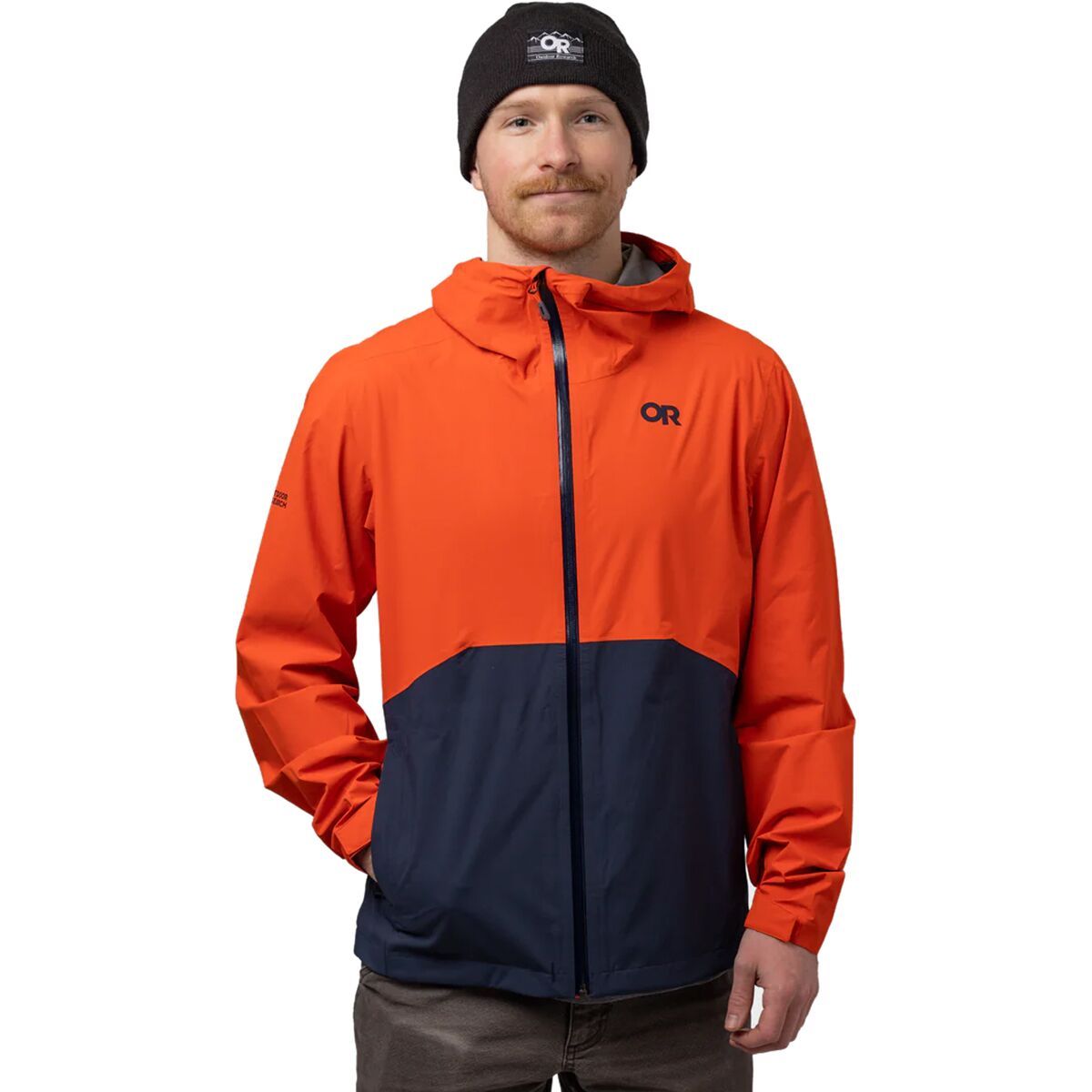 Image of Outdoor Research Stratoburst Stretch Rain Jacket - Men's Spice/Dark Navy, S