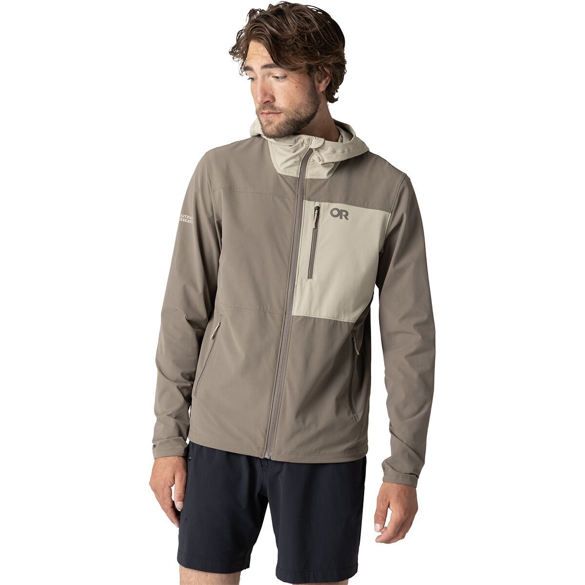 Image of Outdoor Research Ferrosi DuraPrint Hooded Jacket - Men's Gravel/Pro Khaki, XXL