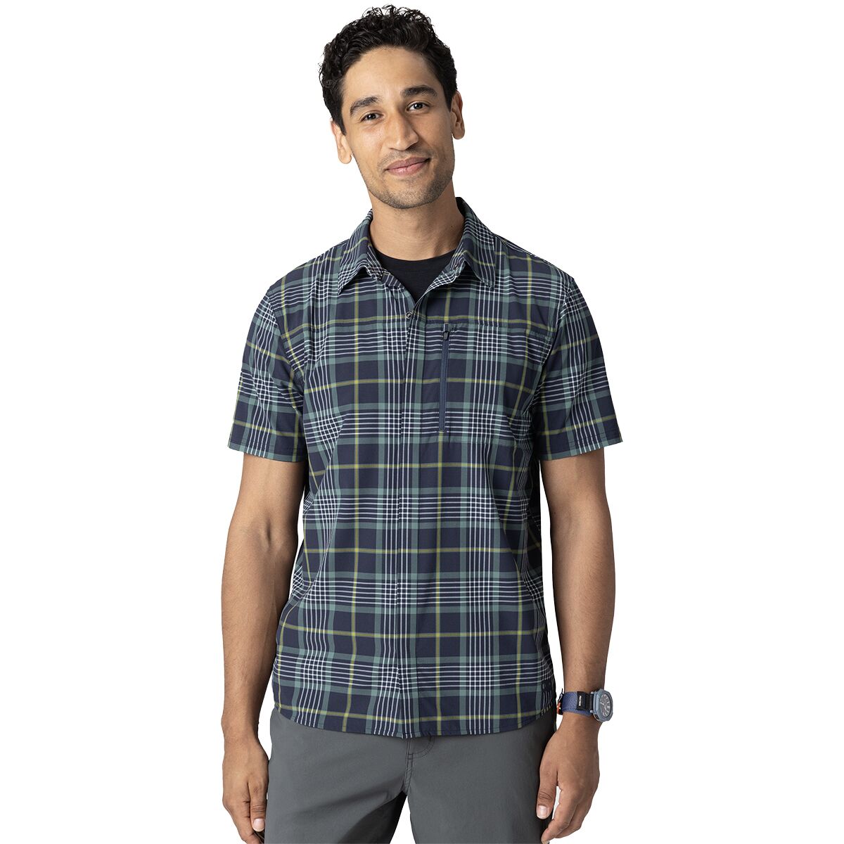 Image of Outdoor Research Astroman Short-Sleeve Sun Shirt - Men's Dark Navy Plaid, XS