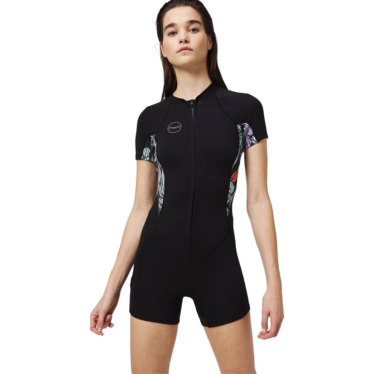 Image of O'Neill Bahia 2/1mm Front Zip Short-Sleeve Springsuit - Women's Glide Blackk/Mikahflor/Black, 4