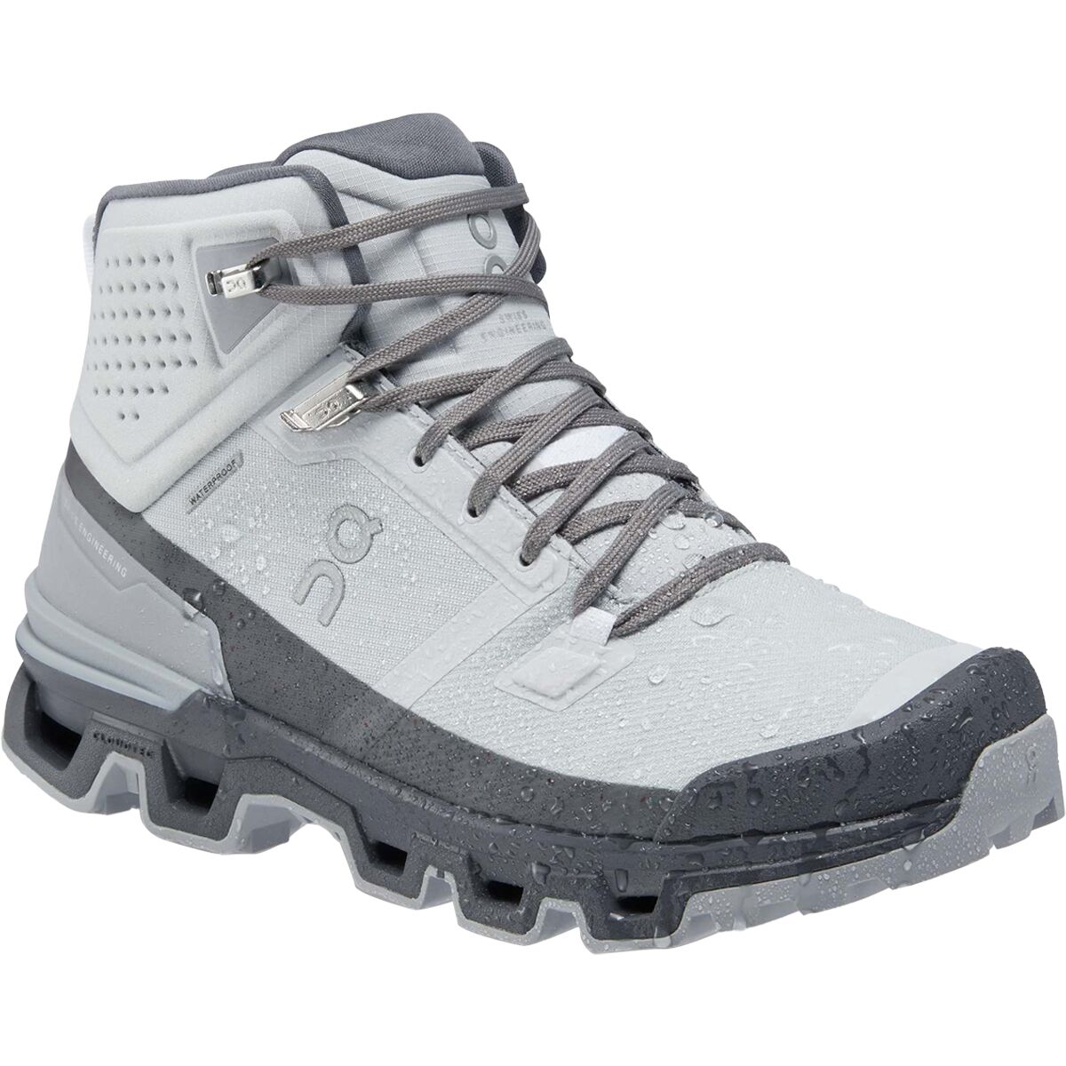On Cloudrock 2 women's waterproof hiking boots in glacier eclipse colorway showing premium construction and design details